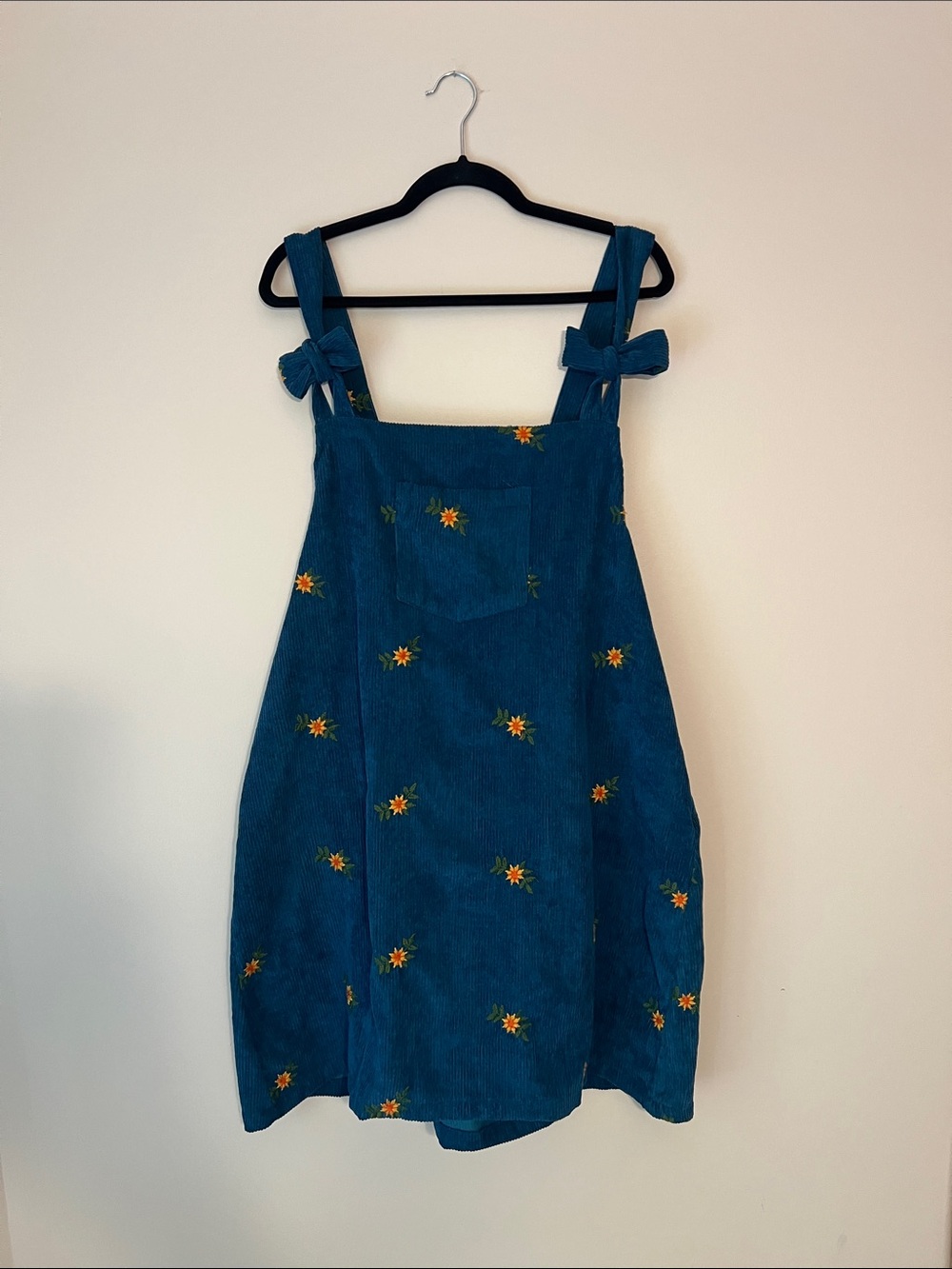 Cider Teal Blue Corduroy Pinafore with Sunflower Embroidery